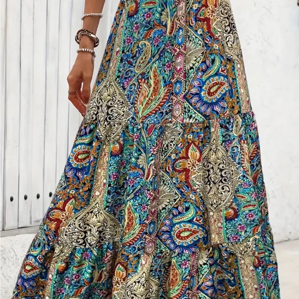 Blue and Orange Paisley Tiered A-Line Maxi Skirt